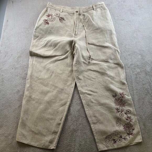 Kate Hill Women's 100% Linen Pants Large Floral Embroidered Casual Wide Leg Beig - Picture 11 of 12